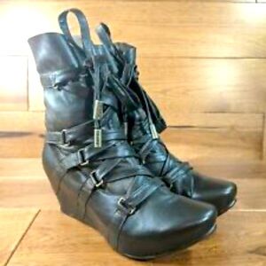 TSUBO 'Sidon' black Leather Strappy Lace Up Wedge